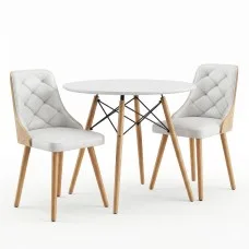Artiss 3PCS 90cm Round 2 Seater Dining Table and Chairs Set White 20mm MDF Beech Legs PU Leather Diamond