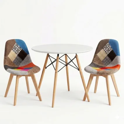Artiss 3PCS Round 2 Seater Dining Set 90cm Table with 2 Linen Padded Eiffel Chairs White 73cm High tile