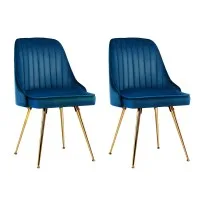 Artiss Velvet Dining Chairs Set of 2, Blue - Channel Tufted, Gold Legs, High Resilience Foam, 150kg Capacity, 44x41x80cm