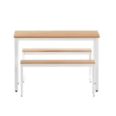 Artiss 3PCS Dining Table & Benches Set - Particle Board & Metal, 110x70cm, Natural/White, High Weight Capacity