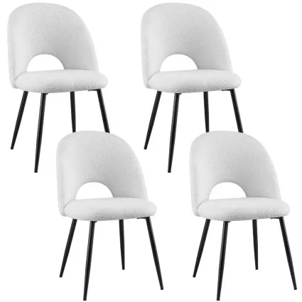 1 Set of 4 Artiss Bouclé Sherpa Dining Chairs, Modern White Accent, Curved Back, Steel Legs, 47x46x81cm, 150kg
