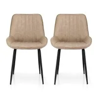 Artiss Retro PU Leather Dining Chairs Set of 2 - Khaki, Channel-Tufted with Ergonomic Support and Sturdy Metal Legs