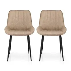 Artiss Retro PU Leather Dining Chairs Set of 2 - Khaki, Channel-Tufted with Ergonomic Support and Sturdy Metal Legs