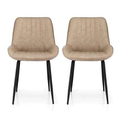 Artiss Retro PU Leather Dining Chairs Set of 2 - Khaki, Channel-Tufted with Ergonomic Support and Sturdy Metal Legs