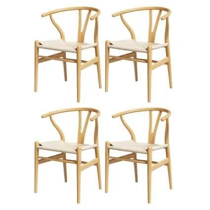 Artiss Wishbone Dining Chairs Set of 4 Wooden Rubberwood Frame Rattan Seat Ergonomic Backrest 120kg Natural