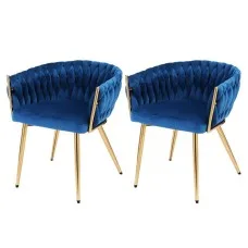 Artiss Set of 2 Velvet Dining Chairs, Hand-Woven Backrest, Armrest, Solid Steel Legs, Blue, 60x50x69cm