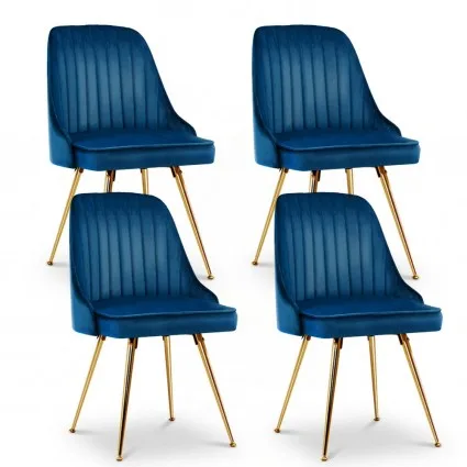 Artiss Velvet Dining Chairs Set of 4 - Blue, Channel Tufted, Gold Legs, 44x41x80cm, High Resilience Foam, Easy Assembly