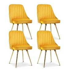 Artiss Velvet Dining Chairs Set of 4 - Yellow, Channel Tufted, Gold Metal Legs, High Resilience Foam, 44x41x80cm