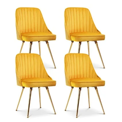 Artiss Velvet Dining Chairs Set of 4 - Yellow, Channel Tufted, Gold Metal Legs, High Resilience Foam, 44x41x80cm