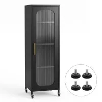Artiss Slim Buffet Cabinet 45cm Black with Fluted Glass Door and Adjustable Shelves