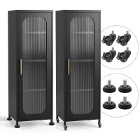 Artiss Slim Buffet Cabinet Sideboard 45cm Black with Fluted Glass Door and Adjustable Shelves