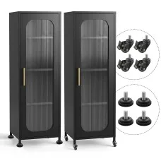 Artiss Slim Buffet Cabinet Sideboard 45cm Black with Fluted Glass Door and Adjustable Shelves