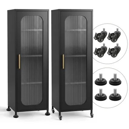 Artiss Slim Buffet Cabinet Sideboard 45cm Black with Fluted Glass Door and Adjustable Shelves