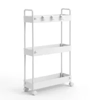 Artiss 3 Tier Slim Storage Trolley Narrow Utility Organiser Rack with Wheels and Hooks White