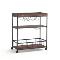 Artiss Kitchen Island Rolling Serving Cart, Metal & Oak, 78x40x90cm, Mobile Storage with Wine & Glass Racks