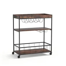 Artiss Kitchen Island Rolling Serving Cart, Metal & Oak, 78x40x90cm, Mobile Storage with Wine & Glass Racks