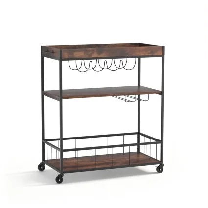 Artiss Kitchen Island Rolling Serving Cart, Metal & Oak, 78x40x90cm, Mobile Storage with Wine & Glass Racks