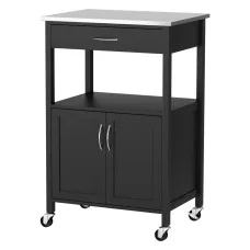 Artiss Kitchen Island Trolley 60cm Rolling Cart with Stainless Steel Top, Drawer, Cupboard, Black, Portable Storage