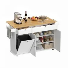 Artiss 150cm Kitchen Island Trolley Rolling Serving Cart White Oak Foldable Drop Leaf with AC and USB
