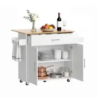 Artiss 90cm Kitchen Island Trolley with Foldable Drop Leaf Rolling Serving Cart White Oak Cabinet Storage