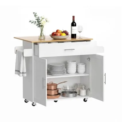 Artiss 90cm Kitchen Island Trolley with Foldable Drop Leaf Rolling Serving Cart White Oak Cabinet Storage