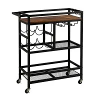 Artiss Bar Cart Drinks Trolley 72cm Black Walnut Metal Frame Wine Rack Glass Holder Removable Racks Hooks