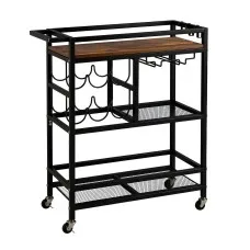 Artiss Bar Cart Drinks Trolley 72cm Black Walnut Metal Frame Wine Rack Glass Holder Removable Racks Hooks