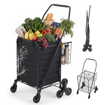 Emajin Folding Aluminium Stair Climbing Shopping Cart Trolley Black 50kg Capacity Foldable Utility Trolley for Groceries
