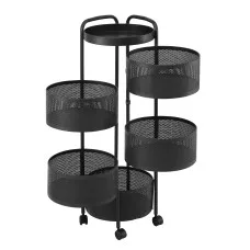 Artiss 5-Tier Rotating Storage Trolley Kitchen Cart Black with 360° Wheels Magnetic Closure Detachable Baskets