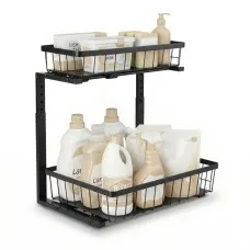 Artiss Under Sink Organiser Storage with 2 Slide-Out Drawers 5 Height Settings for Kitchen Bathroom Black