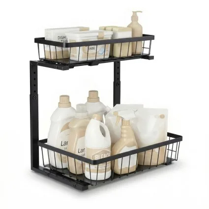 Artiss Under Sink Organiser Storage with 2 Slide-Out Drawers 5 Height Settings for Kitchen Bathroom Black