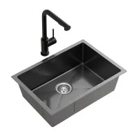 Cefito 450mm 304 Stainless Steel Single Bowl Kitchen Sink with 3mm Nano-Coated Pull-Out Mixer Tap Set Black