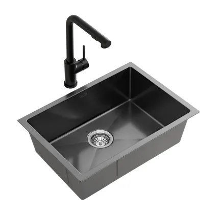 Cefito 450mm 304 Stainless Steel Single Bowl Kitchen Sink with 3mm Nano-Coated Pull-Out Mixer Tap Set Black