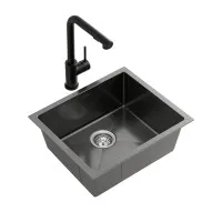 Cefito 44cm 304 Stainless Steel Single Bowl Kitchen Sink with Pull-Out Mixer Tap Set Black 6-Star WELS