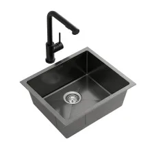 Cefito 44cm 304 Stainless Steel Single Bowl Kitchen Sink with Pull-Out Mixer Tap Set Black 6-Star WELS