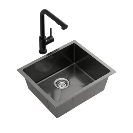 Cefito 44cm 304 Stainless Steel Single Bowl Kitchen Sink with Pull-Out Mixer Tap Set Black 6-Star WELS