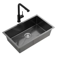 Cefito 600mm x 450mm 304 Stainless Steel Single Bowl Kitchen Sink with Pull-Out Mixer Tap and Nano Coating Black