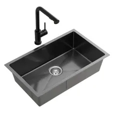Cefito 600mm x 450mm 304 Stainless Steel Single Bowl Kitchen Sink with Pull-Out Mixer Tap and Nano Coating Black