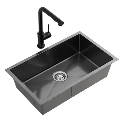 Cefito 600mm x 450mm 304 Stainless Steel Single Bowl Kitchen Sink with Pull-Out Mixer Tap and Nano Coating Black