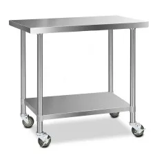 Cefito 1219x610mm Stainless Steel Kitchen Bench with Lockable Wheels, 304 Grade, Adjustable Shelf, Heavy-Duty Worktable