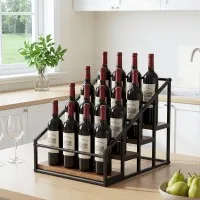 Artiss 4-Tier Tabletop Wine Rack Holds 16 Bottles Black Metal Frame Wood-Look Shelves 43x36x32.5cm (Compact)