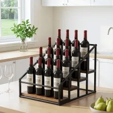 Artiss 4-Tier Tabletop Wine Rack Holds 16 Bottles Black Metal Frame Wood-Look Shelves 43x36x32.5cm (Compact)