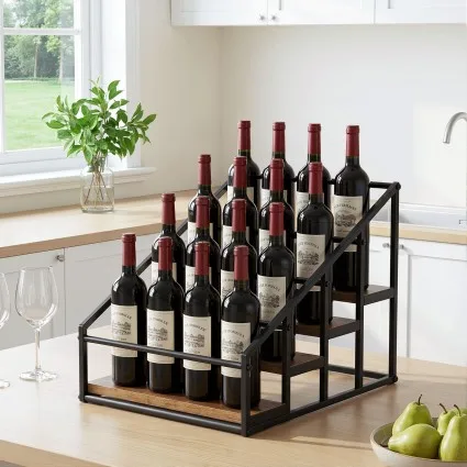 Artiss 4-Tier Tabletop Wine Rack Holds 16 Bottles Black Metal Frame Wood-Look Shelves 43x36x32.5cm (Compact)
