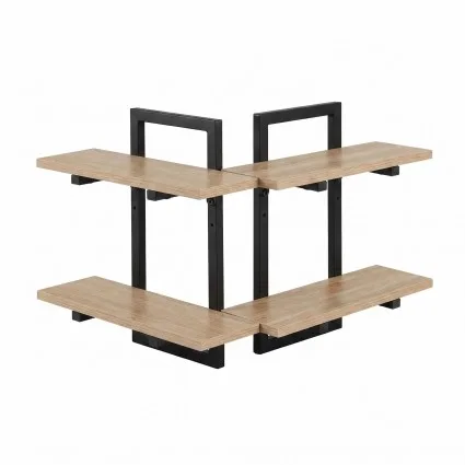 Artiss Set of 2 Floating 2-Tier Wall Shelves Wood Finish with Black Metal Frame 36.5x13.5x40cm 18kg Capacity