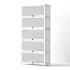 Artiss 5-Tier White Display Cabinet Bookshelf - Bamboo Frame, Acrylic Panels, 78.5x32x172cm, Magnetic Closure, Anti-Tip