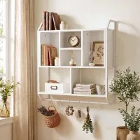 Artiss Floating Wall Shelf 2-in-1 Cubby Rack with 6 Hooks 73.5 x 20 x 74 cm White Wall Storage Organiser