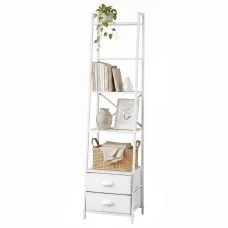 Artiss 5 Tier Ladder Bookshelf Bookcase with 2 Fabric Drawers White 39x29.5x161cm Sturdy Frame Display