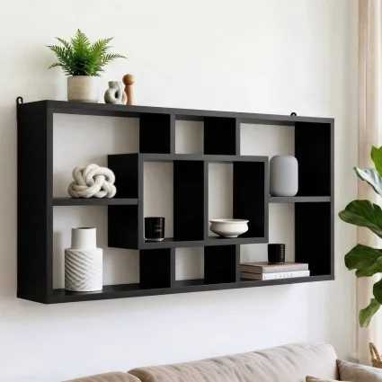 Artiss Floating Wall Shelves Bookshelf Black, 85cm x 16cm x 48cm, 8 Compartments, Melamine Finish, Versatile Display
