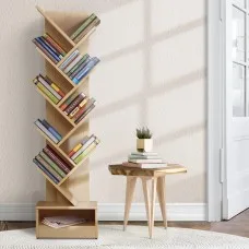 Artiss Tree Bookshelf, Particle Board, Natural Finish, 40x19.5x150cm, 9 Tiers, Creative Design, Easy Assembly