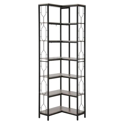 Artiss 6-Tier L-Shaped Corner Bookshelf Oak with Black Metal Frame Hexagonal Display 200cm Tall Shelf